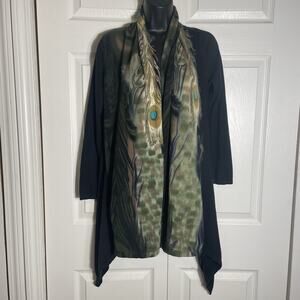 Adore Cardigan Women Small Black Peacock Feather Asymmetrical Hem Open Front